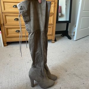 Thigh high boots with chunky heel